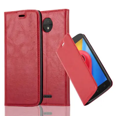 Cadorabo Ohišje, združljivo z Motorola MOTO C v rdeče jabolko - Zaščitni ovitek z magnetnim zapiranjem, stoječo funkcijo in režo za kartice