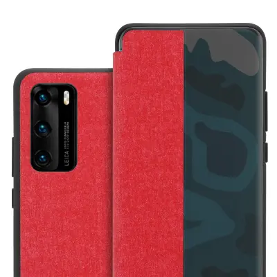 Cadorabo Ohišje, združljivo z Huawei P40 v rdeča - Pametni ovitek v videzu vlaken - Zaščitni ovitek s funkcijo stojala