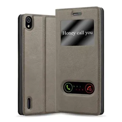 Cadorabo Ohišje, združljivo z Huawei ASCEND P7 v kamnito rjava - Zaščitni ovitek z magnetnim zapiranjem, stoječo funkcijo in 2 okencema za gledanje
