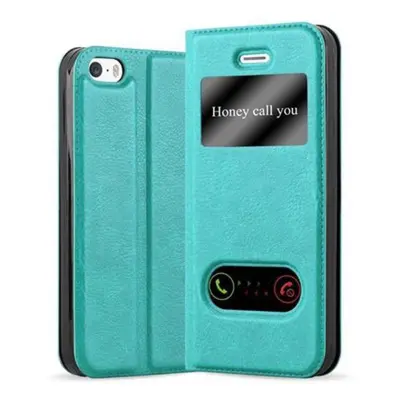 CADORABO Apple iPhone 5/5S/SE 2016 v mint turquoise - Zaščitni ovitek z magnetnim zapiranjem, stoječo funkcijo in 2 okencema za gledanje