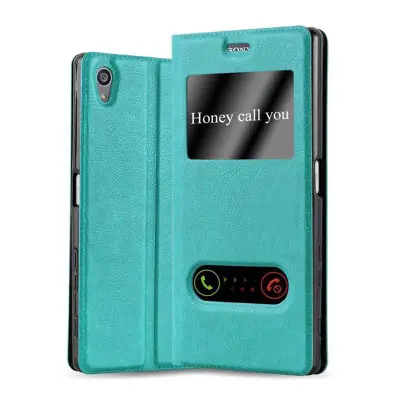 CADORABO Sony Xperia Z5 PREMIUM v mint turquoise - Zaščitni ovitek z magnetnim zapiranjem, stoječo funkcijo in 2 okencema za gledanje