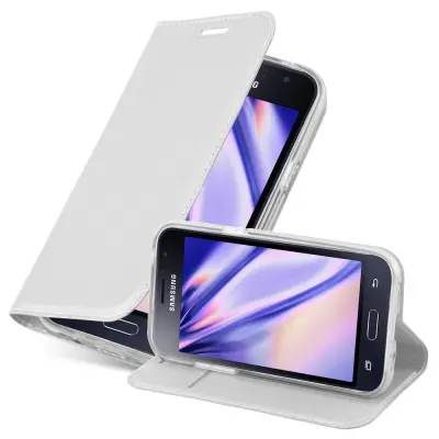 Cadorabo Ohišje, združljivo z Samsung Galaxy J1 2016 v klasično srebrno - Zaščitni ovitek z magnetnim zapiranjem, stoječo funkcijo in režo za kartice