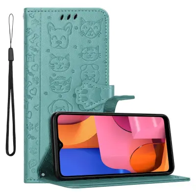 Cadorabo Ohišje, združljivo z Samsung Galaxy A20s v bleščeča zelena - Simpatični psi in mačke, zaščitni ovitek s funkcijo stojala in režami za kartice