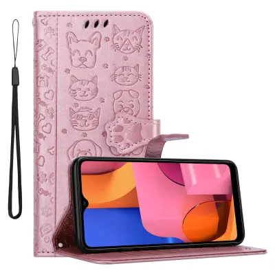 CADORABO Samsung Galaxy A20s v svetleče rožnato zlato - Simpatični psi in mačke, zaščitni ovitek s funkcijo stojala in režami za kartice