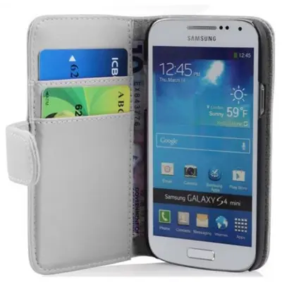 Cadorabo Ohišje, združljivo z Samsung Galaxy S4 MINI v snežno bela - Zaščitni ovitek iz gladkega umetnega usnja in žep za kartice