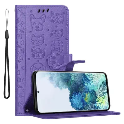 CADORABO Samsung Galaxy S20 v bleščeča vijolična - Simpatični psi in mačke, zaščitni ovitek s funkcijo stojala in režami za kartice