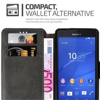 Cadorabo Ohišje, združljivo z Sony Xperia Z3 COMPACT v mat siva - Zaščitni ovitek s funkcijo stojala in režo za kartice v retro dizajnu