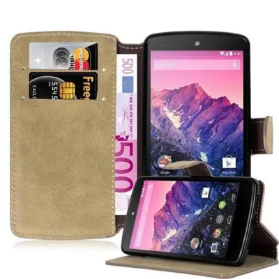 Cadorabo Ohišje, združljivo z LG Google NEXUS 5 v mat peščeno rjava - Zaščitni ovitek s funkcijo stojala in režo za kartice v retro dizajnu