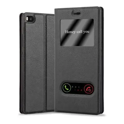 Cadorabo Ohišje, združljivo z Huawei P8 v črni komet - Zaščitni ovitek z magnetnim zapiranjem, stoječo funkcijo in 2 okencema za gledanje