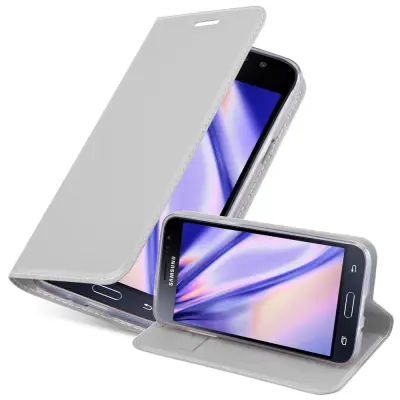 Cadorabo Ohišje, združljivo z Samsung Galaxy J3 2016 v klasično srebrno - Zaščitni ovitek z magnetnim zapiranjem, stoječo funkcijo in režo za kartice