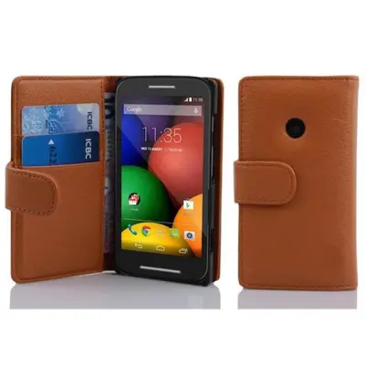 Cadorabo Ohišje, združljivo z Motorola MOTO E v sedlo rjave barve - Zaščitni ovitek iz teksturiranega umetnega usnja in žep za kartice