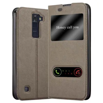 Cadorabo Ohišje, združljivo z LG K8 2016 v kamnito rjava - Zaščitni ovitek z magnetnim zapiranjem, stoječo funkcijo in 2 okencema za gledanje