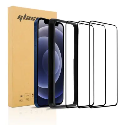 Cadorabo 3x Celotna zaščitna folija za zaslon, združljiva z Apple iPhone 12 PRO MAX v transparentna s črno - 3-pack Kaljeno steklo za zaščito zaslona