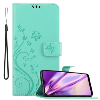 CADORABO Samsung Galaxy A20s v klasično srebrno - ovitek v cvetličnem dizajnu z magnetnim zapiranjem, stoječo funkcijo in režami za kartice