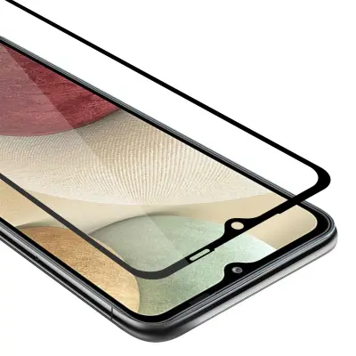CADORABO Samsung Galaxy A12/M12 - Zaščitna folija za transparentna s črno barvo - Zaščitno steklo s kaljenim zaslonom s trdoto 9H in 3D doti