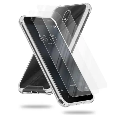 Cadorabo ohišje in 2x kaljeno zaščitno steklo, združljivo z Nokia v prozorni - hibridni zaščitni pokrov s silikonskim robom TPU in akrilnim steklom