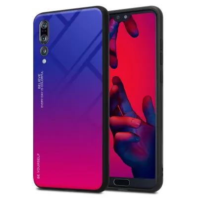 CADORABO Ohišje, združljiv s Huawei v vijolični - rdeči - dvobarvni zaščitni pokrov iz silikona TPU in hrbta iz kaljenega stekla
