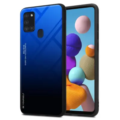 CADORABO Ohišje, združljiv s Samsungom v modri barvi - črni - dvobarvni zaščitni pokrov iz silikona TPU in hrbta iz kaljenega stekla