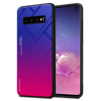CADORABO Ohišje, združljiv s Samsungom v vijolični - rdeči - dvobarvni zaščitni pokrov iz silikona TPU in hrbta iz kaljenega stekla