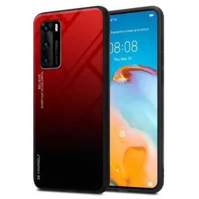 CADORABO Ohišje, združljiv s Huaweijem v rdeči barvi - črni - dvobarvni zaščitni pokrov iz silikona TPU in hrbta iz kaljenega stekla