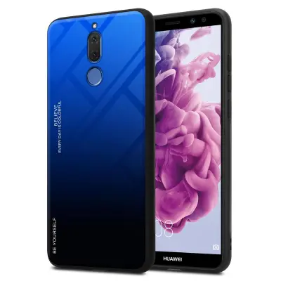 CADORABO Ohišje, združljiv s Huawei v modri barvi - črni - dvobarvni zaščitni pokrov iz silikona TPU in hrbta iz kaljenega stekla