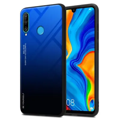 CADORABO Ohišje, združljiv s Huawei v modri barvi - črni - dvobarvni zaščitni pokrov iz silikona TPU in hrbta iz kaljenega stekla