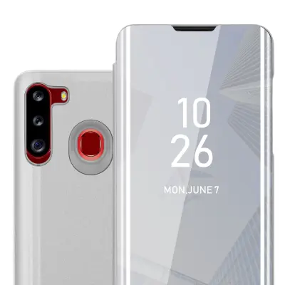 CADORABO Ohišje, združljiv s Samsungom v Agate Silver - Clear View Zrcalo Zaščitni pokrov s funkcijo stojala 360 stopinj zaščita