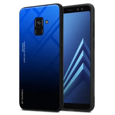 CADORABO Ohišje, združljiv s Samsungom v modri barvi - črni - dvobarvni zaščitni pokrov iz silikona TPU in hrbta iz kaljenega stekla