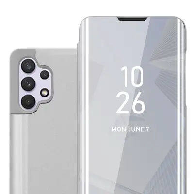 CADORABO Ohišje, združljiv s Samsungom v Agate Silver - Clear View Zrcalo Zaščitni pokrov s funkcijo stojala 360 stopinj zaščita