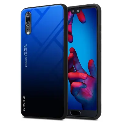 CADORABO Ohišje, združljiv s Huawei v modri barvi - črni - dvobarvni zaščitni pokrov iz silikona TPU in hrbta iz kaljenega stekla