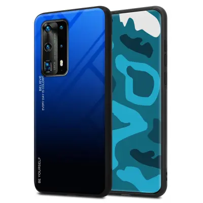 CADORABO Ohišje, združljiv s Huawei v modri barvi - črni - dvobarvni zaščitni pokrov iz silikona TPU in hrbta iz kaljenega stekla