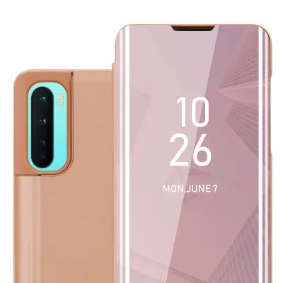 CADORABO CASE, združljiv z OnePlus v Kunzit Pink - Clear View Zrcalni zaščitni pokrov s funkcijo stojala 360 stopinj zaščita