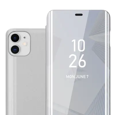 CADORABO Ohišje, združljiv z Apple v Agate Silver - Clear View Zrcalo Zaščitni pokrov s funkcijo stojala 360 stopinj zaščita