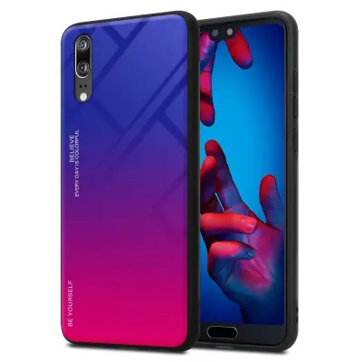 CADORABO Ohišje, združljiv s Huawei v vijolični - rdeči - dvobarvni zaščitni pokrov iz silikona TPU in hrbta iz kaljenega stekla