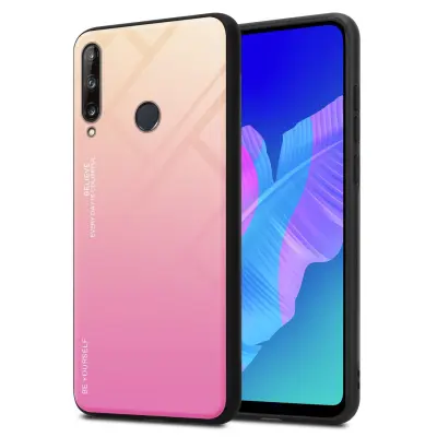 CADORABO Ohišje, združljiv s Huawei v rumeni - roza - dvobarvni zaščitni pokrov iz silikona TPU in hrbta iz kaljenega stekla