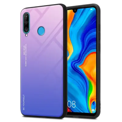 CADORABO Ohišje, združljiv s Huawei v roza - modri - dvobarvni zaščitni pokrov iz silikona TPU in hrbta iz kaljenega stekla