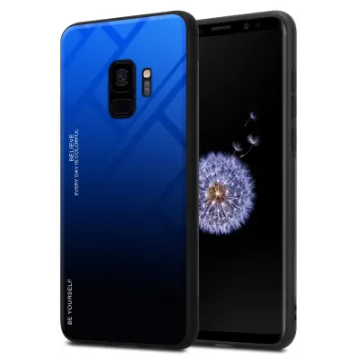 CADORABO Ohišje, združljiv s Samsungom v modri barvi - črni - dvobarvni zaščitni pokrov iz silikona TPU in hrbta iz kaljenega stekla