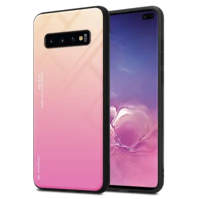CADORABO Ohišje, združljiv s Samsungom v rumeni - roza - dvobarvni zaščitni pokrov iz silikona TPU in hrbta iz kaljenega stekla