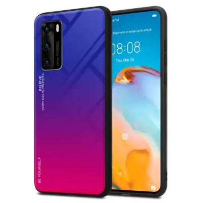 CADORABO Ohišje, združljiv s Huawei v vijolični - rdeči - dvobarvni zaščitni pokrov iz silikona TPU in hrbta iz kaljenega stekla