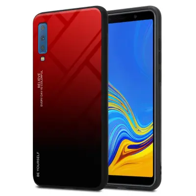 CADORABO Ohišje, združljiv s Samsungom v rdeči barvi - črni - dvobarvni zaščitni pokrov iz silikona TPU in hrbta iz kaljenega stekla