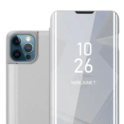 CADORABO Ohišje, združljiv z Apple v Agate Silver - Clear View Zrcalo Zaščitni pokrov s funkcijo stojala 360 stopinj zaščita