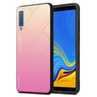 CADORABO Ohišje, združljiv s Samsungom v rumeni - roza - dvobarvni zaščitni pokrov iz silikona TPU in hrbta iz kaljenega stekla