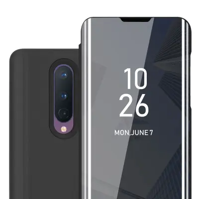 CADORABO primera, združljiv z OnePlus v Turmaline Black - Clear View Zrcalo Zaščitni pokrov s funkcijo stojala 360 stopinj zaščita