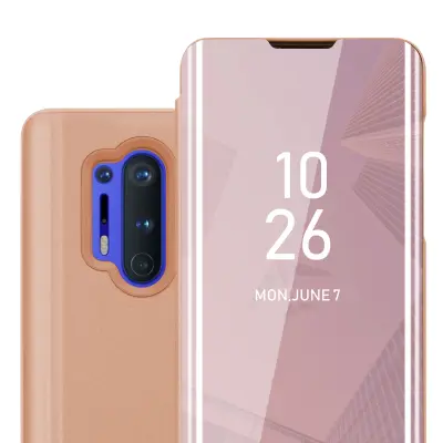 CADORABO CASE, združljiv z OnePlus v Kunzit Pink - Clear View Zrcalni zaščitni pokrov s funkcijo stojala 360 stopinj zaščita