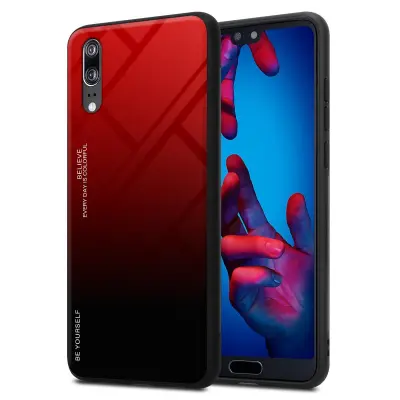 CADORABO Ohišje, združljiv s Huaweijem v rdeči barvi - črni - dvobarvni zaščitni pokrov iz silikona TPU in hrbta iz kaljenega stekla