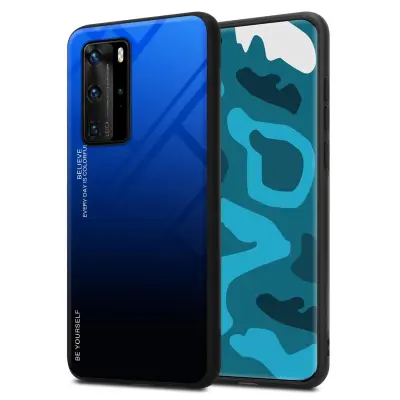 CADORABO Ohišje, združljiv s Huawei v modri barvi - črni - dvobarvni zaščitni pokrov iz silikona TPU in hrbta iz kaljenega stekla