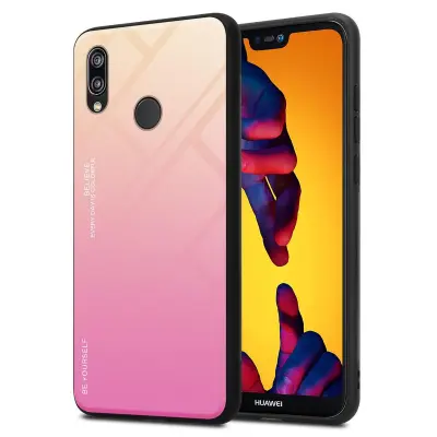 CADORABO Ohišje, združljiv s Huawei v rumeni - roza - dvobarvni zaščitni pokrov iz silikona TPU in hrbta iz kaljenega stekla