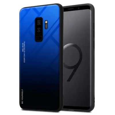 CADORABO Ohišje, združljiv s Samsungom v modri barvi - črni - dvobarvni zaščitni pokrov iz silikona TPU in hrbta iz kaljenega stekla