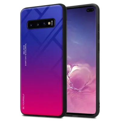 CADORABO Ohišje, združljiv s Samsungom v vijolični - rdeči - dvobarvni zaščitni pokrov iz silikona TPU in hrbta iz kaljenega stekla
