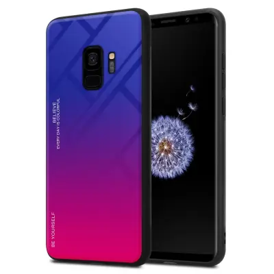 CADORABO Ohišje, združljiv s Samsungom v vijolični - rdeči - dvobarvni zaščitni pokrov iz silikona TPU in hrbta iz kaljenega stekla